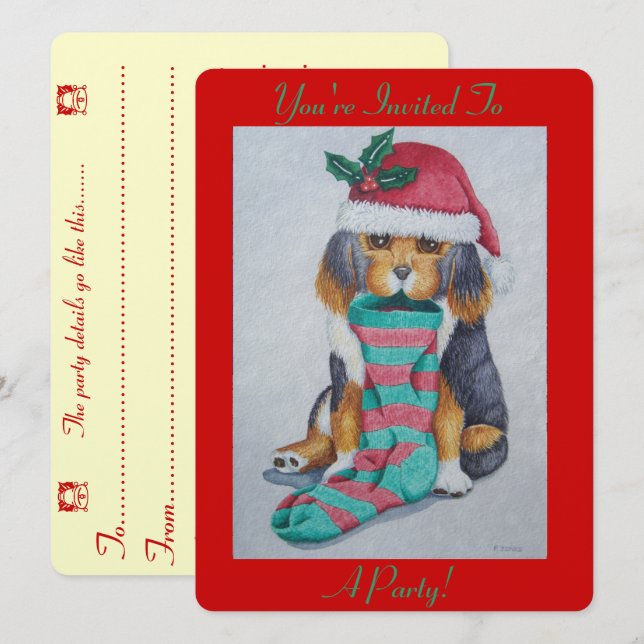 cute black and brown puppy dressed for christmas invitation (Front/Back)