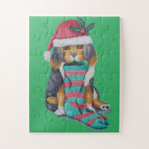 cute black and brown puppy dressed for christmas jigsaw puzzle