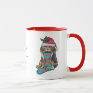 cute black and brown puppy dressed for christmas  mug