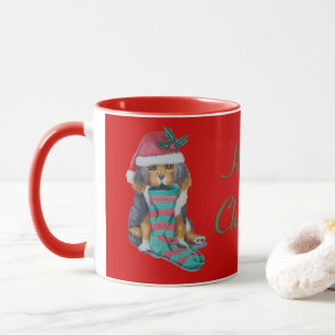 cute black and brown puppy dressed for christmas mug