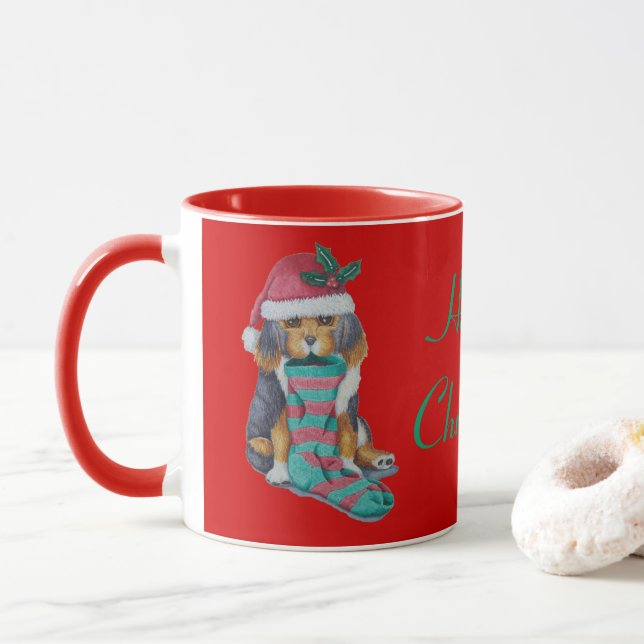 cute black and brown puppy dressed for christmas mug (With Donut)