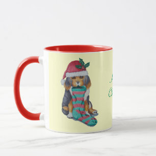 cute black and brown puppy dressed for christmas mug