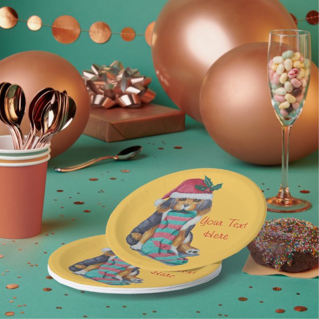 cute black and brown puppy dressed for christmas  paper plate (Multi)