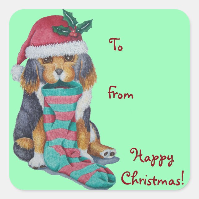cute black and brown puppy dressed for christmas square sticker (Front)