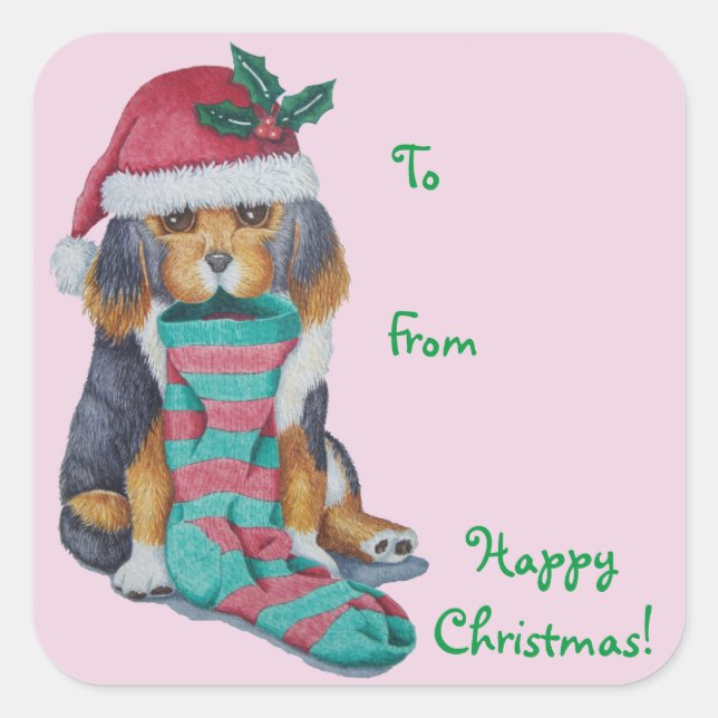 cute black and brown puppy dressed for christmas square sticker (Front)