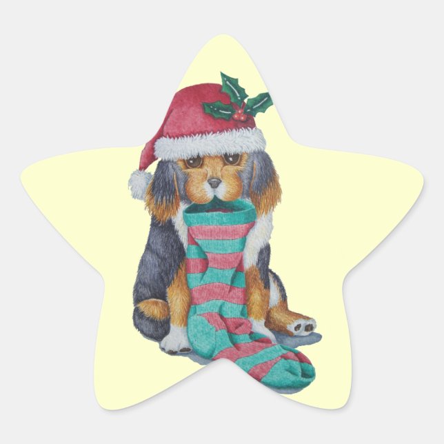 cute black and brown puppy dressed for christmas star sticker (Front)