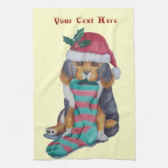 cute black and brown puppy dressed for christmas tea towel (Vertical)