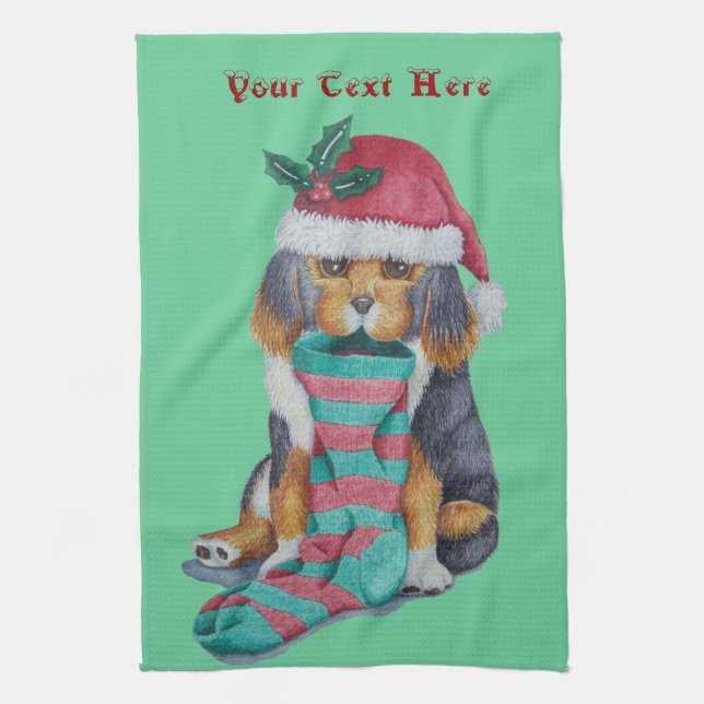 cute black and brown puppy dressed for christmas tea towel (Vertical)