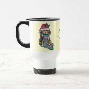 cute black and brown puppy dressed for christmas travel mug
