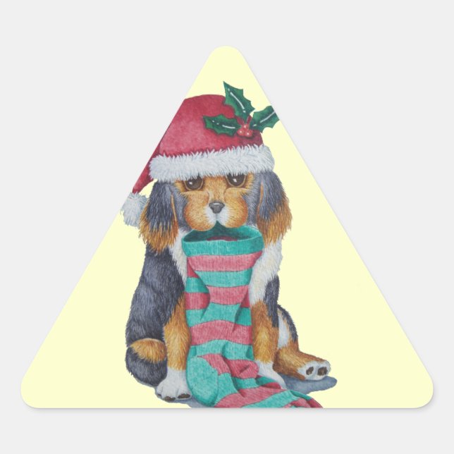 cute black and brown puppy dressed for christmas triangle sticker (Front)