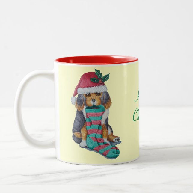 cute black and brown puppy dressed for christmas Two-Tone coffee mug (Left)