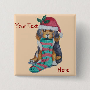 cute black and brown puppy with christmas stocking 15 cm square badge