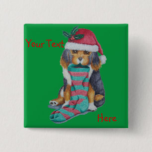 cute black and brown puppy with christmas stocking 15 cm square badge