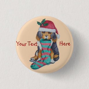 cute black and brown puppy with christmas stocking 3 cm round badge