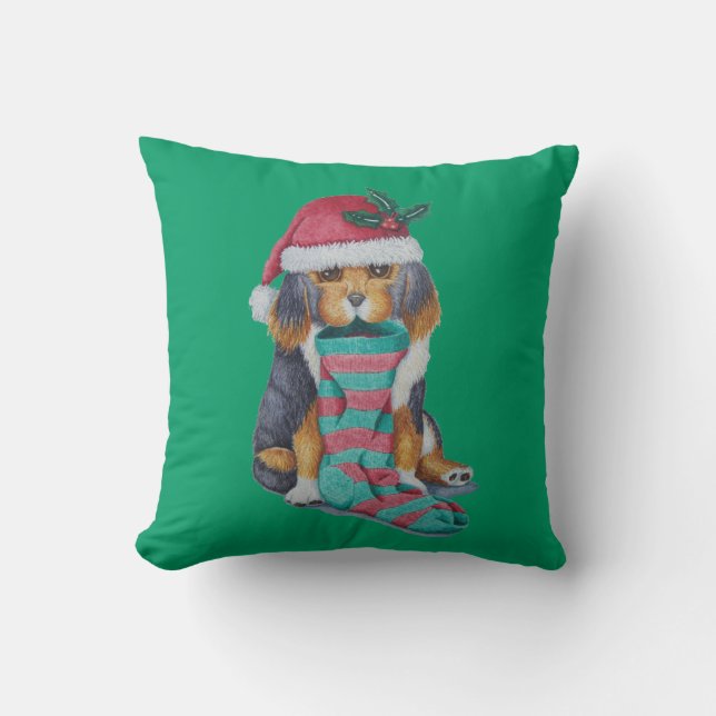 cute black and brown puppy with christmas stocking cushion (Front)