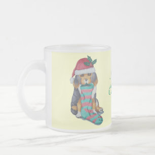 cute black and brown puppy with christmas stocking frosted glass coffee mug