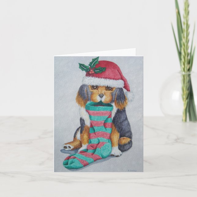 cute black and brown puppy with christmas stocking holiday card (Front)