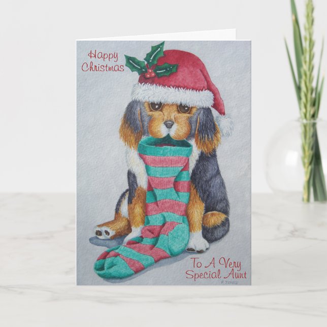 cute black and brown puppy with christmas stocking holiday card (Front)