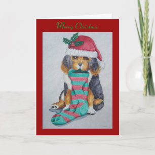 cute black and brown puppy with christmas stocking holiday card