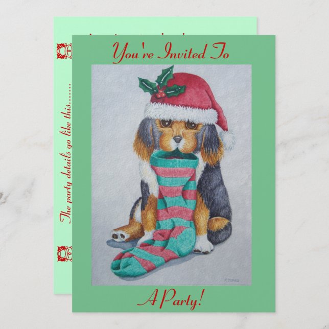 cute black and brown puppy with christmas stocking invitation (Front/Back)