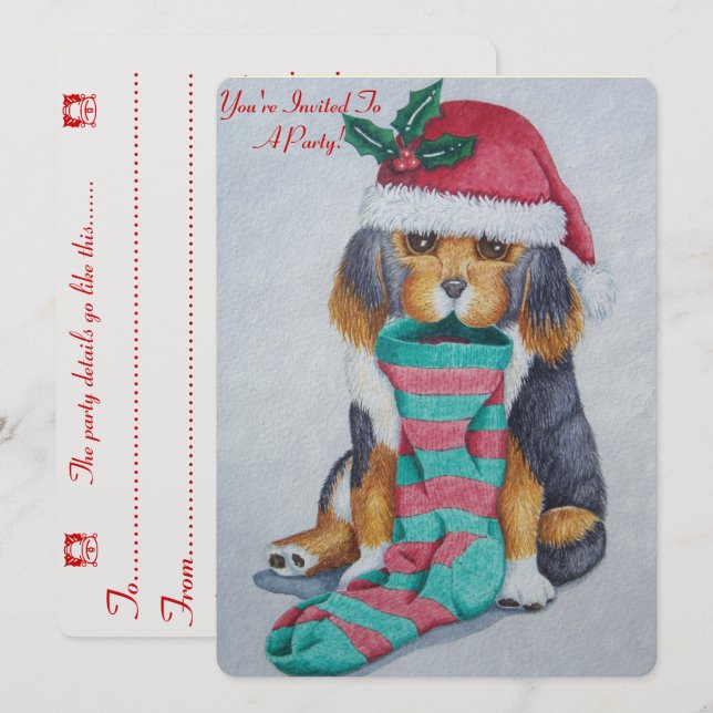 cute black and brown puppy with christmas stocking invitation (Front/Back)