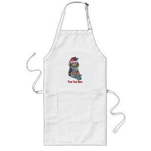 cute black and brown puppy with christmas stocking long apron