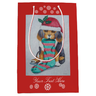 cute black and brown puppy with christmas stocking medium gift bag