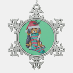 cute black and brown puppy with christmas stocking snowflake pewter christmas ornament