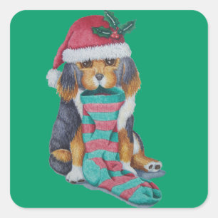 cute black and brown puppy with christmas stocking square sticker