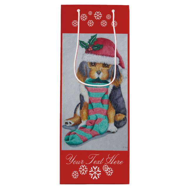 cute black and brown puppy with christmas stocking wine gift bag (Front)