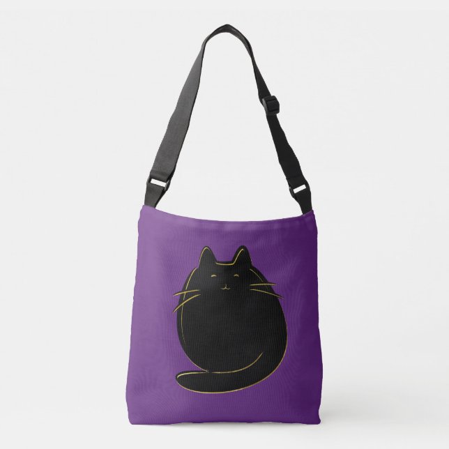 Cute black and gold cat on purple crossbody bag (Front)
