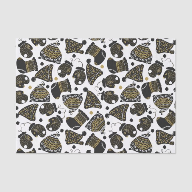 Cute Black and Gold Hats and Mittens Christmas  Tissue Paper (Front)