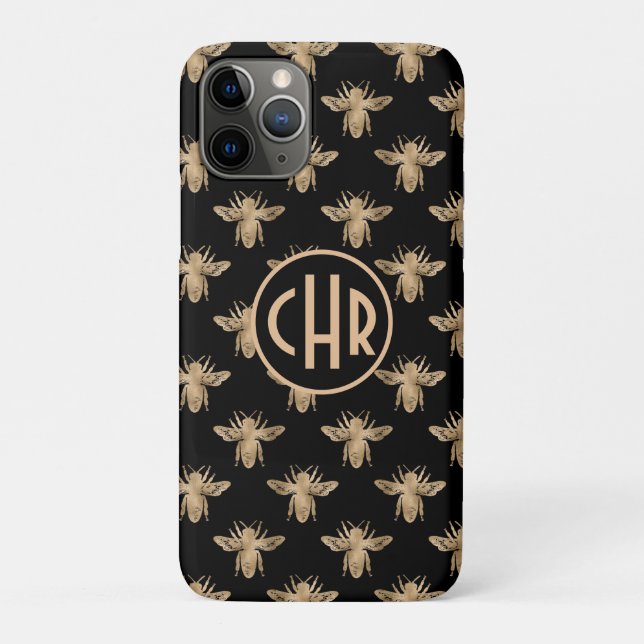 Cute Black And Gold Queen Bee Monogram Case-Mate iPhone Case (Back)