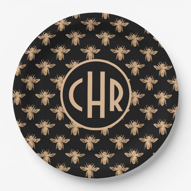 Cute Black And Gold Queen Bee Monogram Paper Plate (Front)