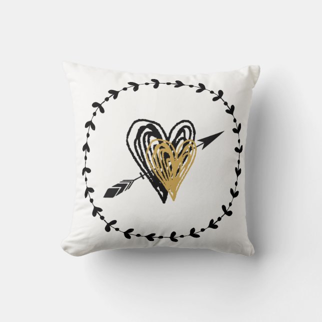 Cute Black and Gold Sketched Hearts Cushion (Front)