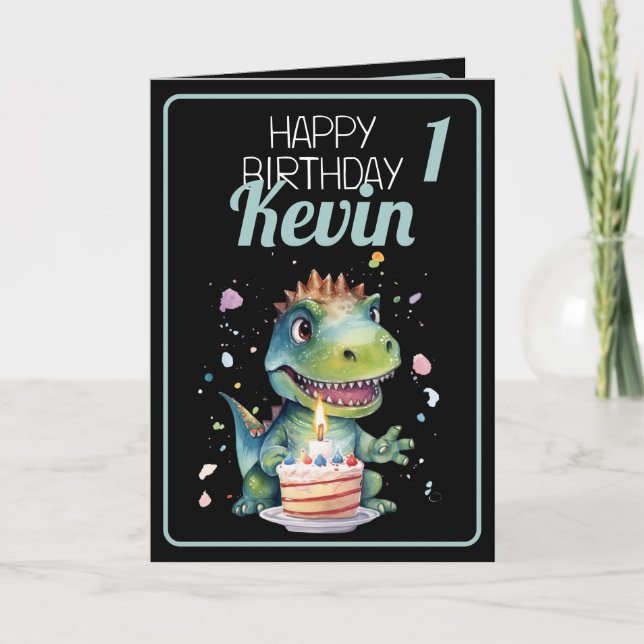 Cute Black and Green Dinosaur Boy 1st Birthday Card (Front)
