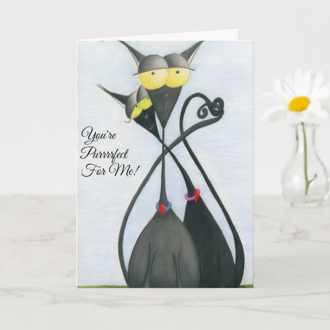 Cute Black and Grey Cat Cartoon Card (Small Plant)