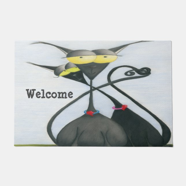 Cute Black and Grey Cat Cartoon Doormat (Front)