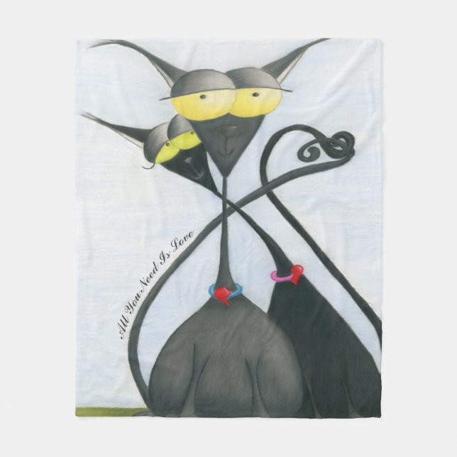 Cute Black and Grey Cat Cartoon Fleece Blanket (Front)
