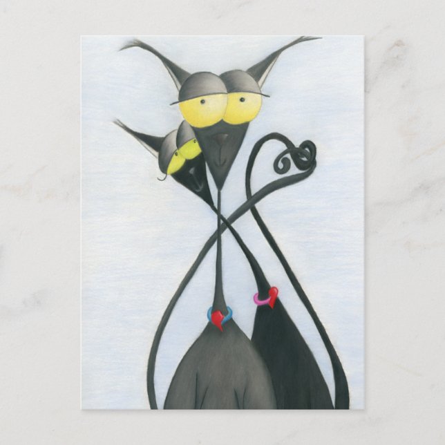 Cute Black and Grey Cat Cartoon Postcard (Front)