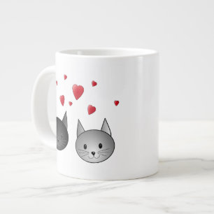 Cute Black and Grey Cats, with Hearts. Large Coffee Mug