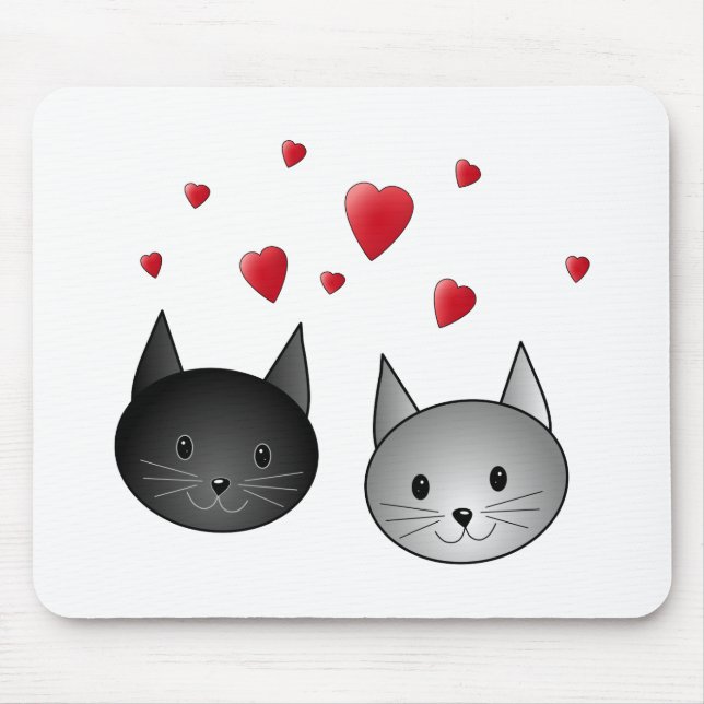 Cute Black and Grey Cats, with Hearts. Mouse Mat (Front)