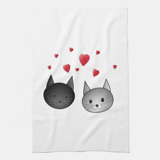 Cute Black and Grey Cats, with Hearts. Tea Towel (Vertical)
