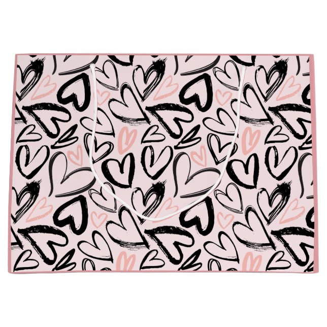 Cute black and pink valentines day hearts large gift bag (Front)
