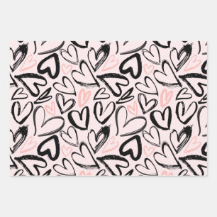 Cute black and pink valentines day hearts pastel wrapping paper sheet