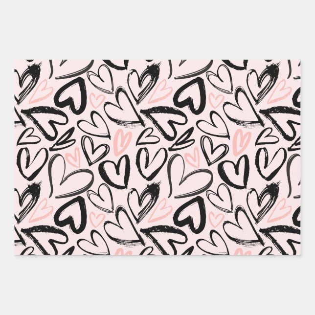 Cute black and pink valentines day hearts pastel wrapping paper sheet (Front)