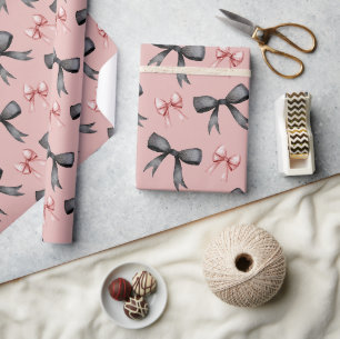 Cute Black And Pink Watercolor Bow Pattern Pink Wrapping Paper