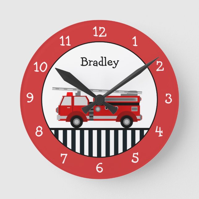 Cute Black and Red Fire Truck Personalised Round C Clock (Front)