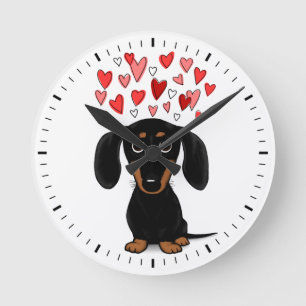 Cute Black and Tan Dachshund with Hearts Round Clock