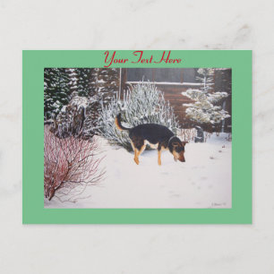 cute black and tan dog winter snow scene postcard